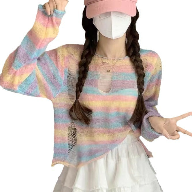 Dopamine tops Free shipping Tattoo Dopamine suction rainbow striped long-sleeved t-shirt women's early spring niche ripped design knitted sweater short top