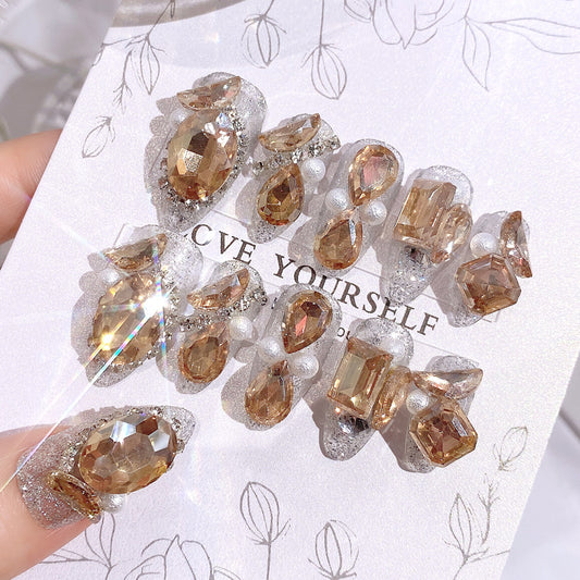 Fashion  nail New Nail Beauty Wear Nail Ins Advanced Pure Desire Wind Nail Patch Wear Nail Rhinestone Big Diamond Nail Stickers U8