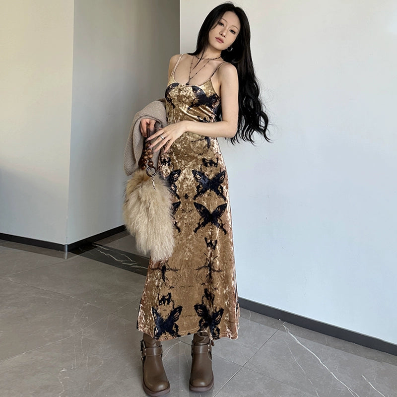 Fashion women's wear Wilderness Butterfly Printing Slip Dress 2024 Autumn New Hot Girl Sexy Slim Fit Slimming Sheath Dress