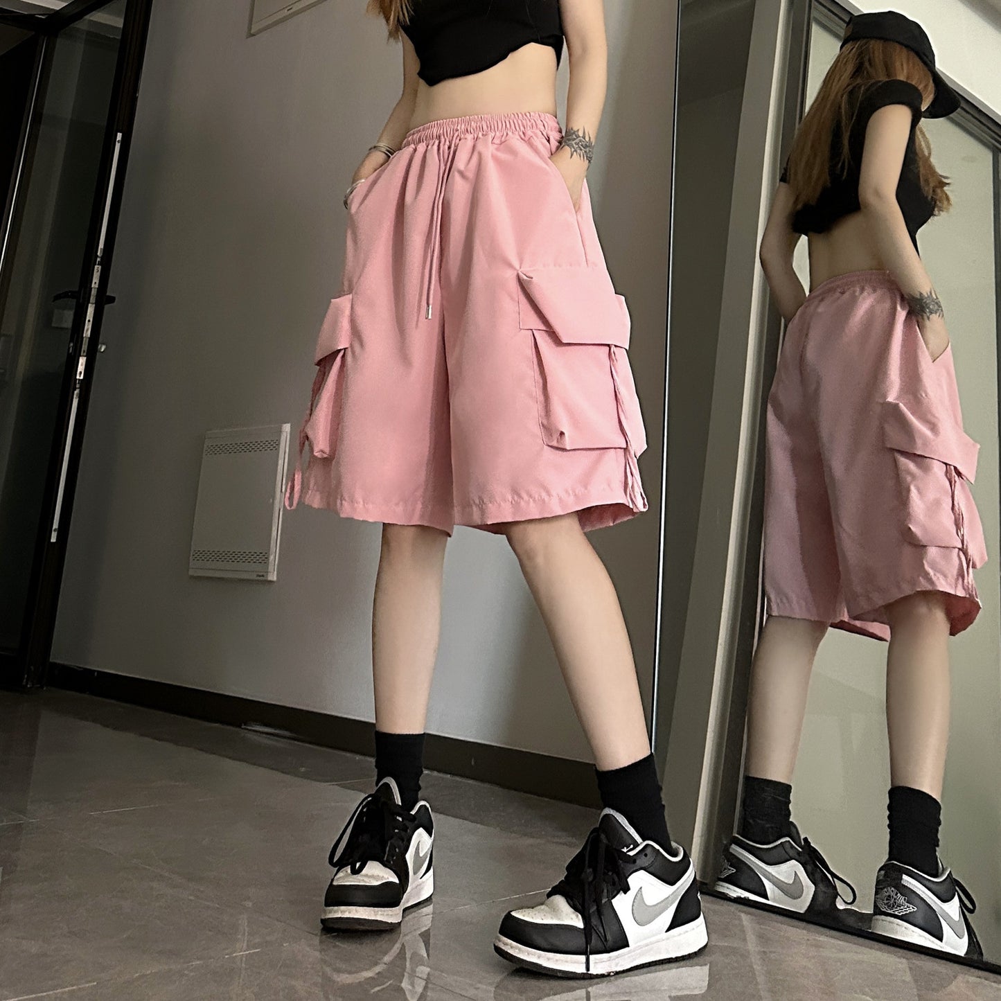 Dopamine pants Free shipping Tattoo Dopamine sports shorts women's American summer thin outer wear wide-leg casual and thin quick-drying overalls five points