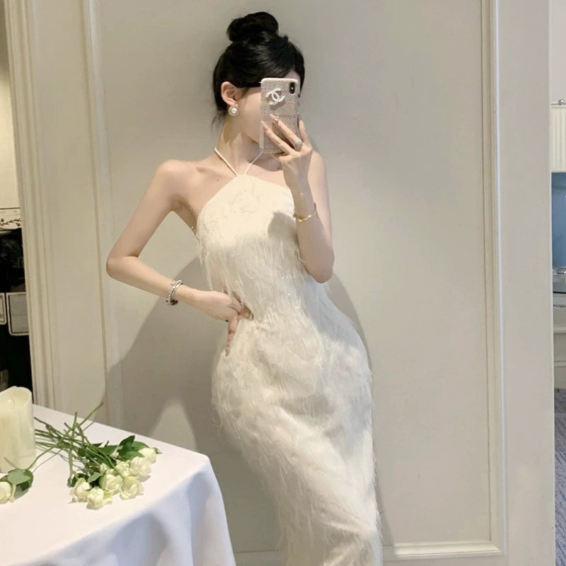 Fashion women's wear French Backless Tassel Halter Spaghetti Straps Dress Women's Spring Temperament Advanced Sexy Engagement License Birthday Party Formal Dress