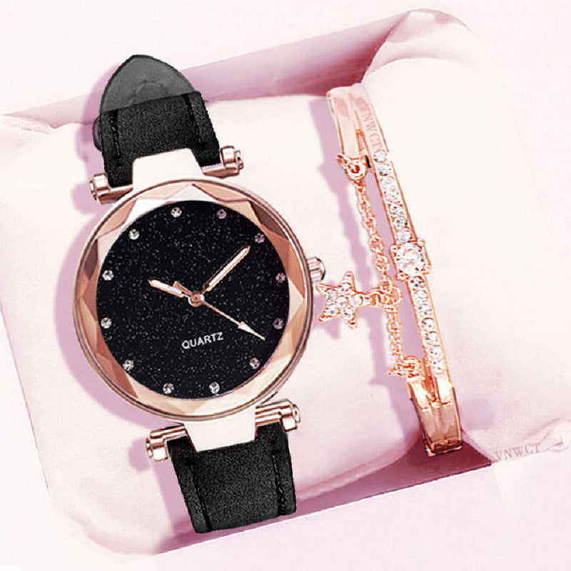 Fashion women's watchForeign Trade Popular Style Silver Pink Rhinestone Face Women's Watch Frosted Leather Watch Strap Women's Casual Trend Two-Piece Set Wrist Watch