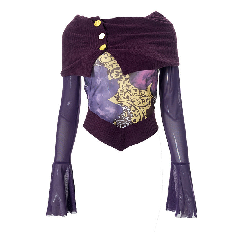 Free shipping  new slanted shoulder long-sleeved printed splicing mesh slim short women's tops