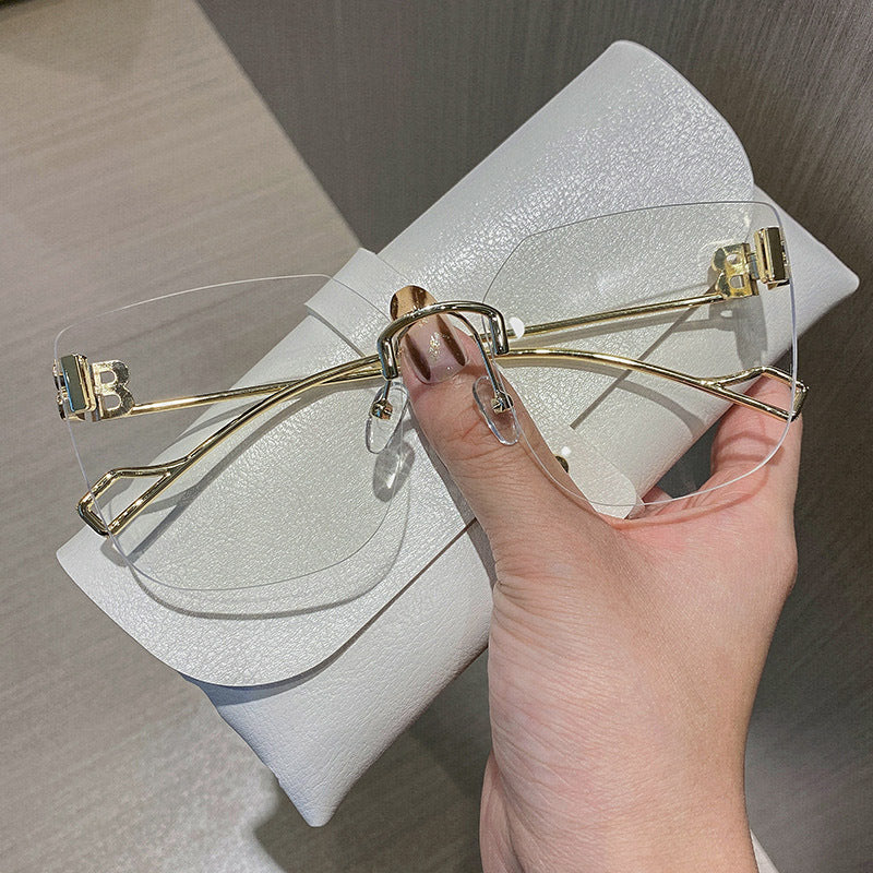 Women's fashion glasses 2022新款跨境B家无框切边太阳镜女时尚网红金属大框墨镜太阳眼镜