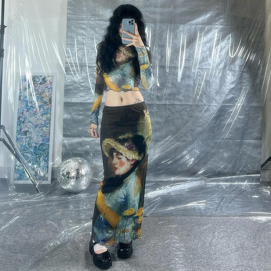 Fashion women's wear Q23tp663 American Fashion Girl Print Design Transparent Long Sleeves Cropped Top Long Skirt Women's Suit