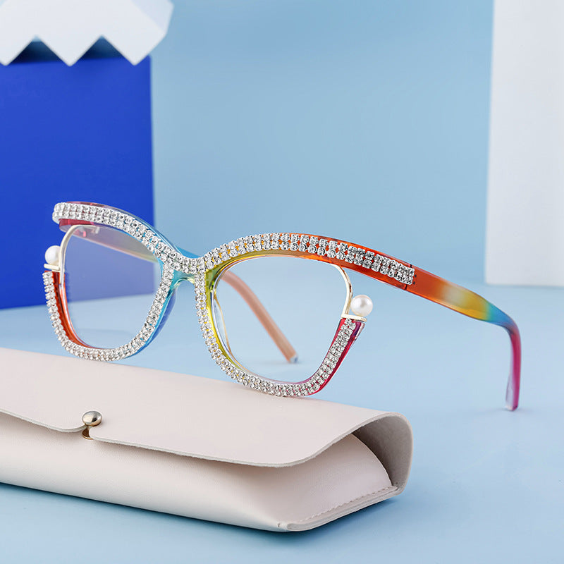 Women's fashion glasses 欧美新款个性镶钻平光眼镜框女时尚猫眼可配近视眼镜架女跨境批发