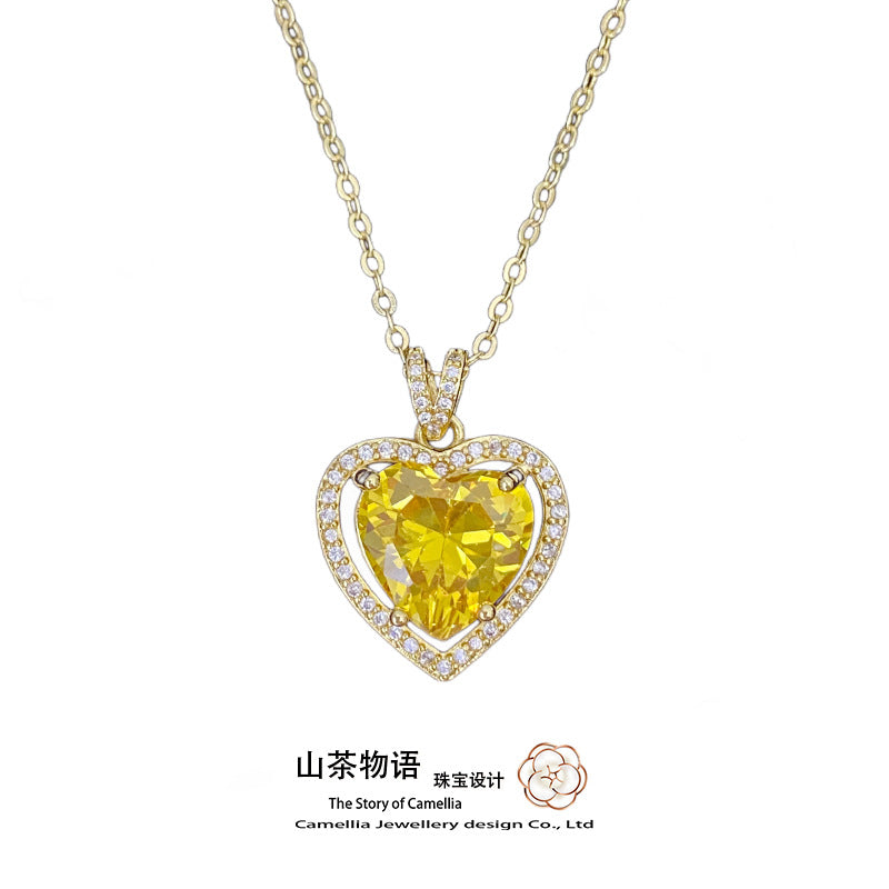 Camellia金色waltz灵动项链女 微镶爱心黄水晶10*10锆石小众吊坠