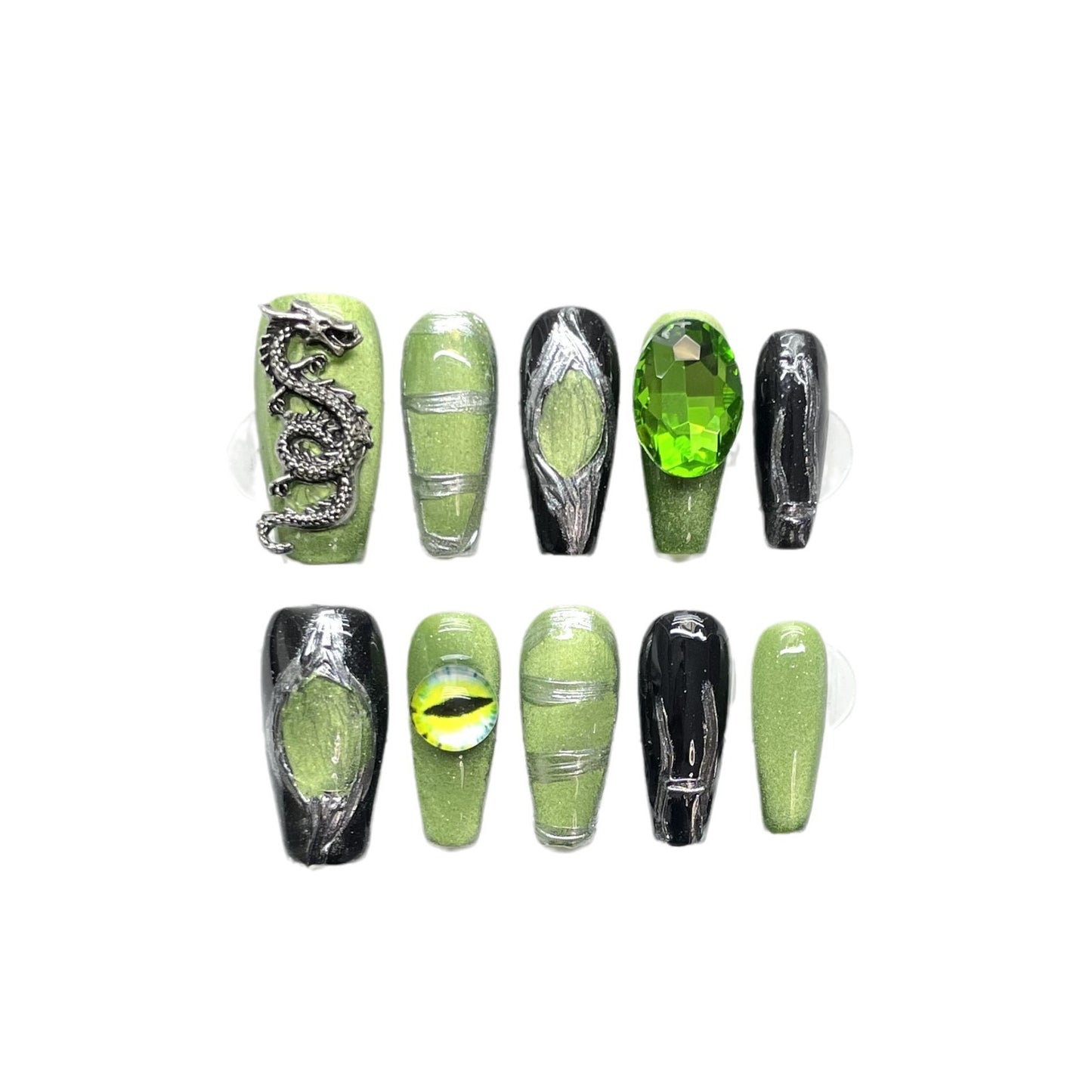 (reusable nail)Black nail art, metal, high setting, wearing armor, autumn and winter high-end products, medium length, cool style, heavy industry, cyberpunk