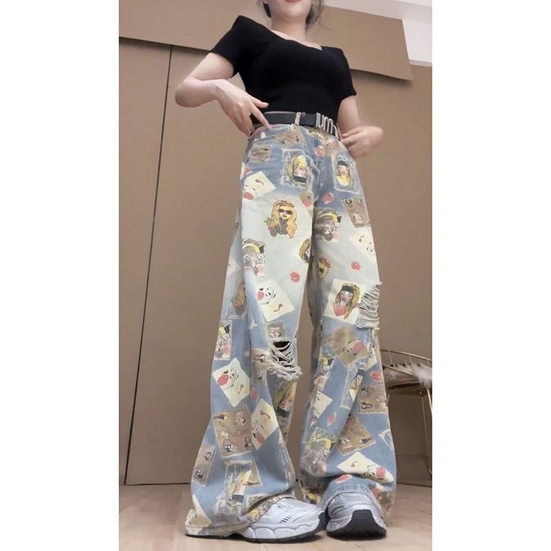 Free shipping Dopamine print ripped jeans women's   high waist loose and thin wide leg pants ins trend style pants