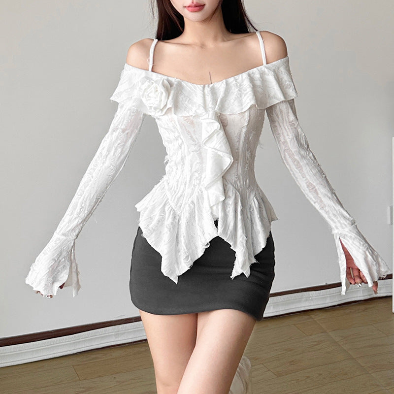 Free shipping new women's clothing solid color slim-fit street fashion one-word collar long-sleeved halter top tops