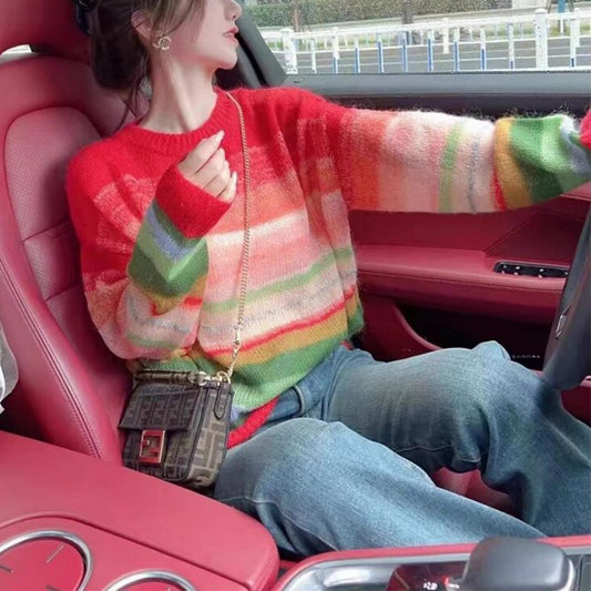 Dopamine tops Free shipping Tattoo 2024 autumn and winter new dopamine wear age-reducing rainbow knitted striped temperament soft waxy lazy wind loose sweater
