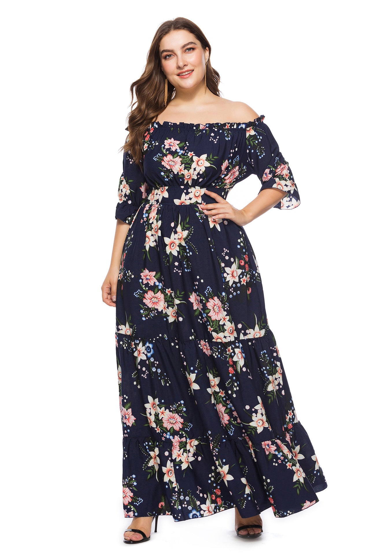 Fashion women's wear 2024   plus Size Women's Clothes Summer Popular off-Neck Plump Girls Bohemian Beach Dress Sq0095b