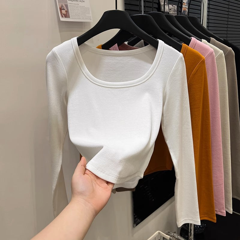 Dopamine tops Free shipping Tattoo Dopamine Wear Pumpkin Orange Shoulder Long Sleeve T-Shirt Women's Early Autumn Spice Girl Slim Short Square Neck Bottom Shirt Top