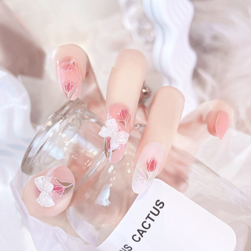 Fashion  nail Wearing Nail Internet Celebrity Popular Girl Bow Fake Nails Wholesale Nail Stickers Detachable Finished Product New X79