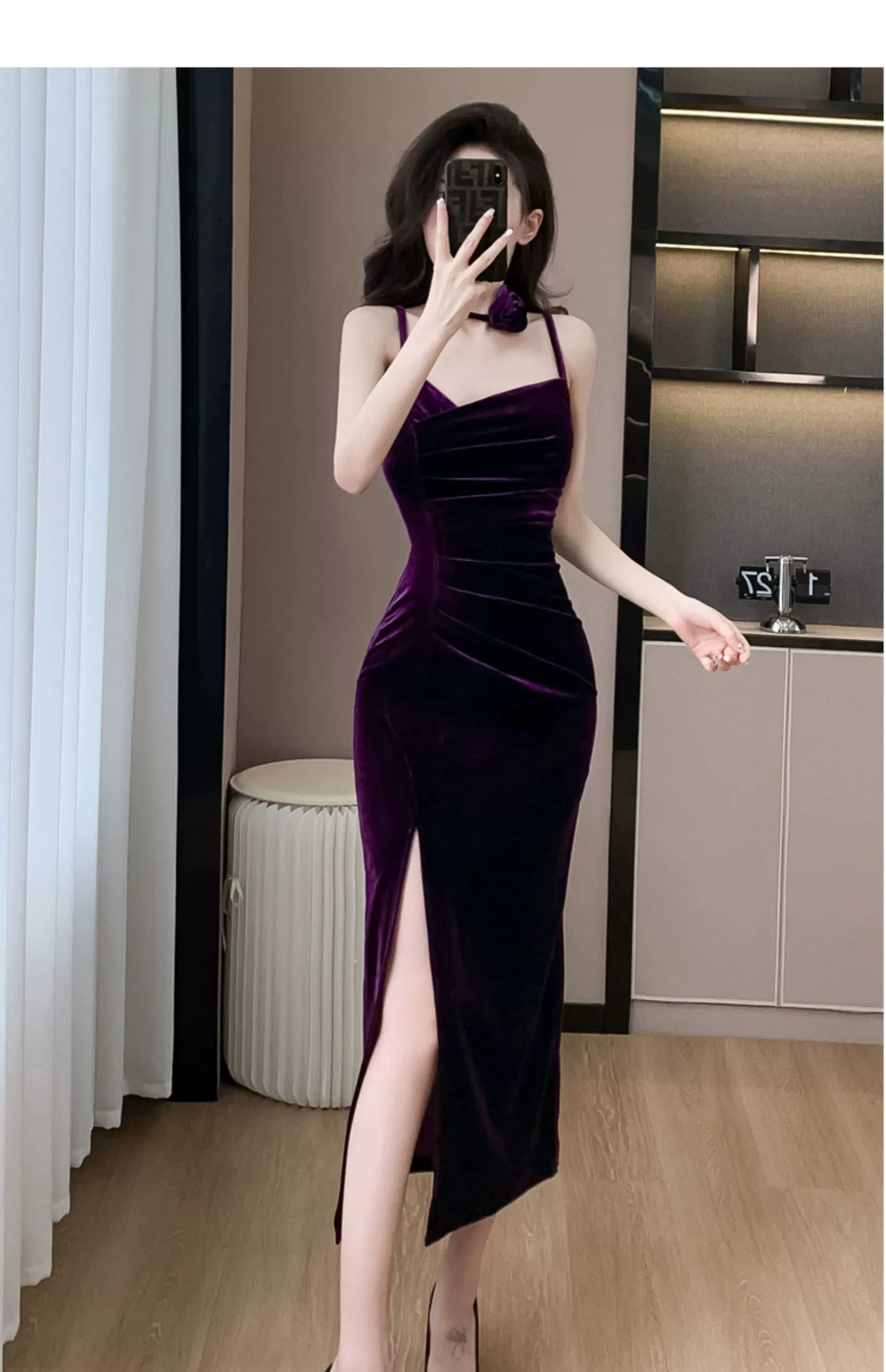Fashion women's wear French Style Adult Lady like Woman Pleuche Spaghetti-Strap Dress Women's High-Grade Red Evening Dress 2024 Spring Women's Clothes Long Dress