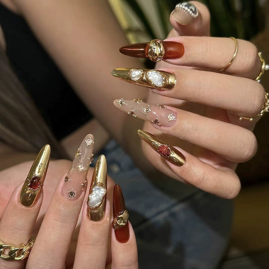 [Paper Drunk Gold Fan] Manicure Fake Nails Honey Lotus Same Gem Baroque High-Grade Red Light Luxury High-End