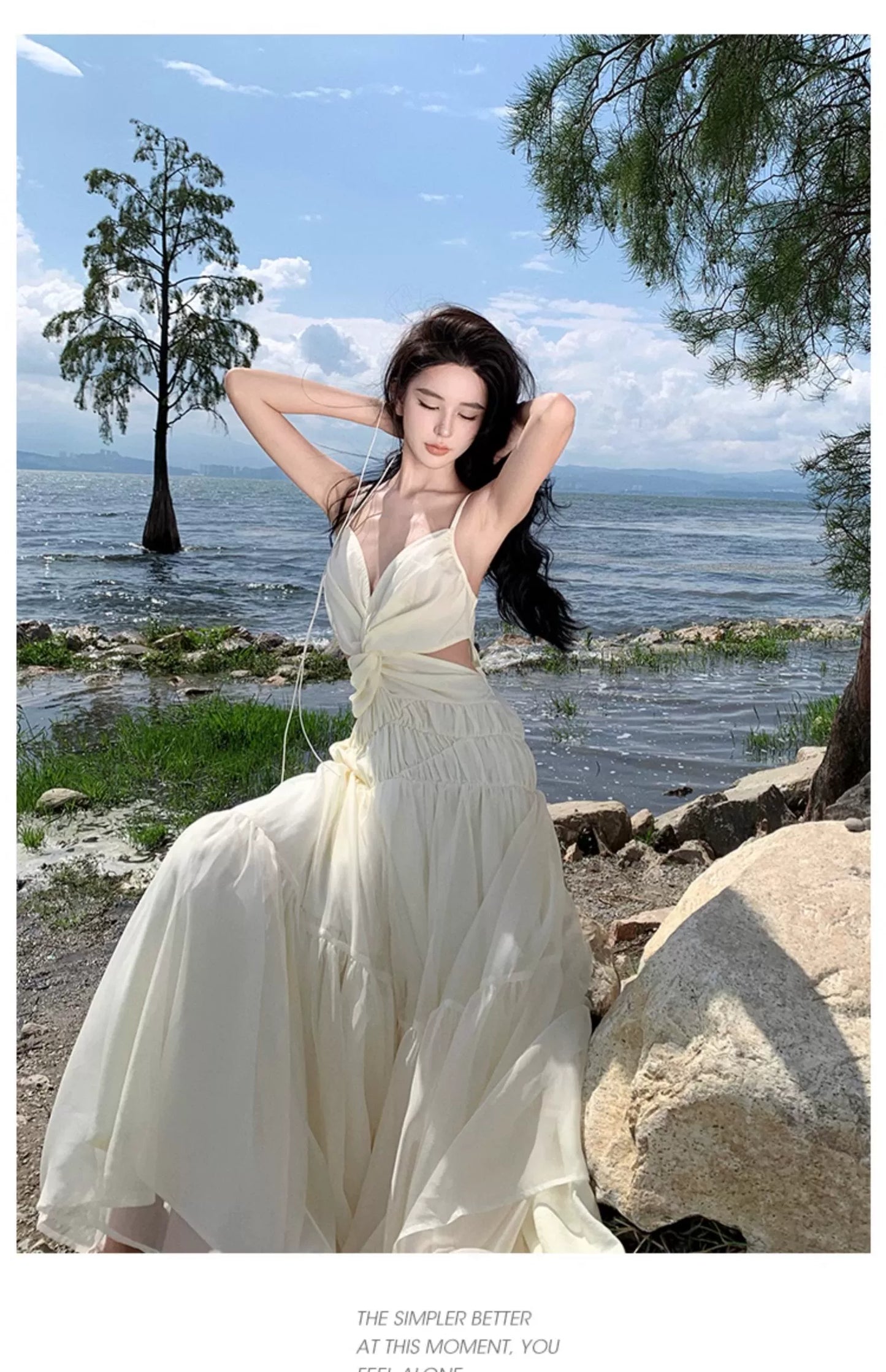 Fashion women's wear Tea Break French Advanced Sexy Backless Spaghetti Straps Dress Fairy Lady Super Fairy Gorgeous Seaside Vacation Beach Dress