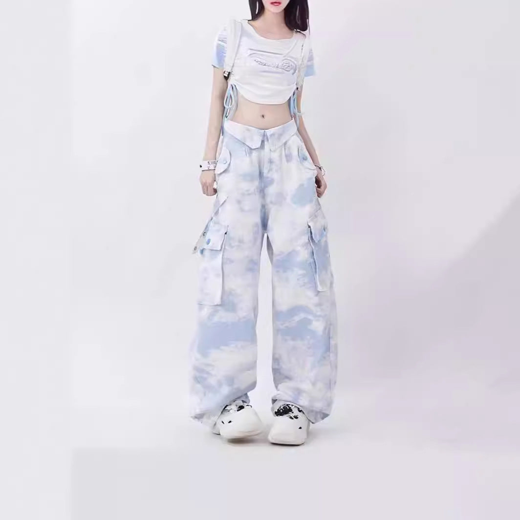 Dopamine pants Free shipping Tattoo Rayohopp dopamine wear camouflage overalls women's flip waist tie-dye design loose straight casual pants