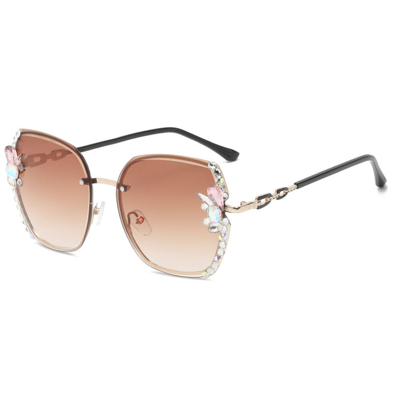 Women's fashion glasses 2022欧美跨境水钻墨镜女钻石切边太阳镜防紫外线奢华海洋片眼镜