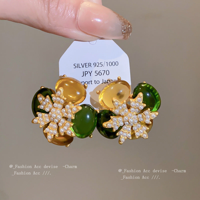 银针花朵珍珠耳环复古小众轻奢耳钉中古vintage高级感耳饰批发女