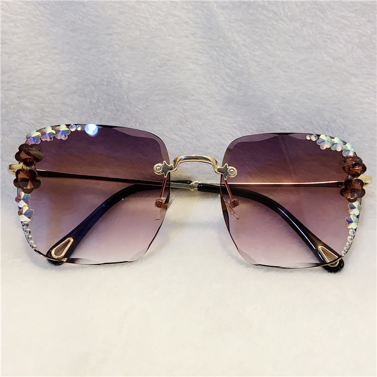 Women's fashion glasses 定制加工韩版水钻太阳镜女防紫外线镶钻墨镜无框潮ins小香风眼镜