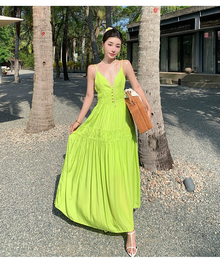Fashion women's wear Summer Dopamine Seaside Vacation Deep V Dress Green Suspenders Ankle-Length Dress Sanya Slimming Beach Skirt Female