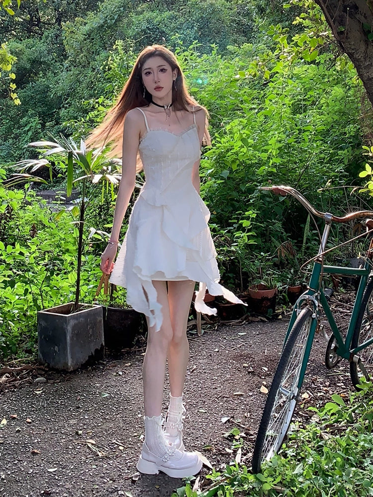 Fashion women's wear Dream Seven77 French Style Irregular Spaghetti-Strap Dress Women's Spring New Ruffled Design Short Skirt