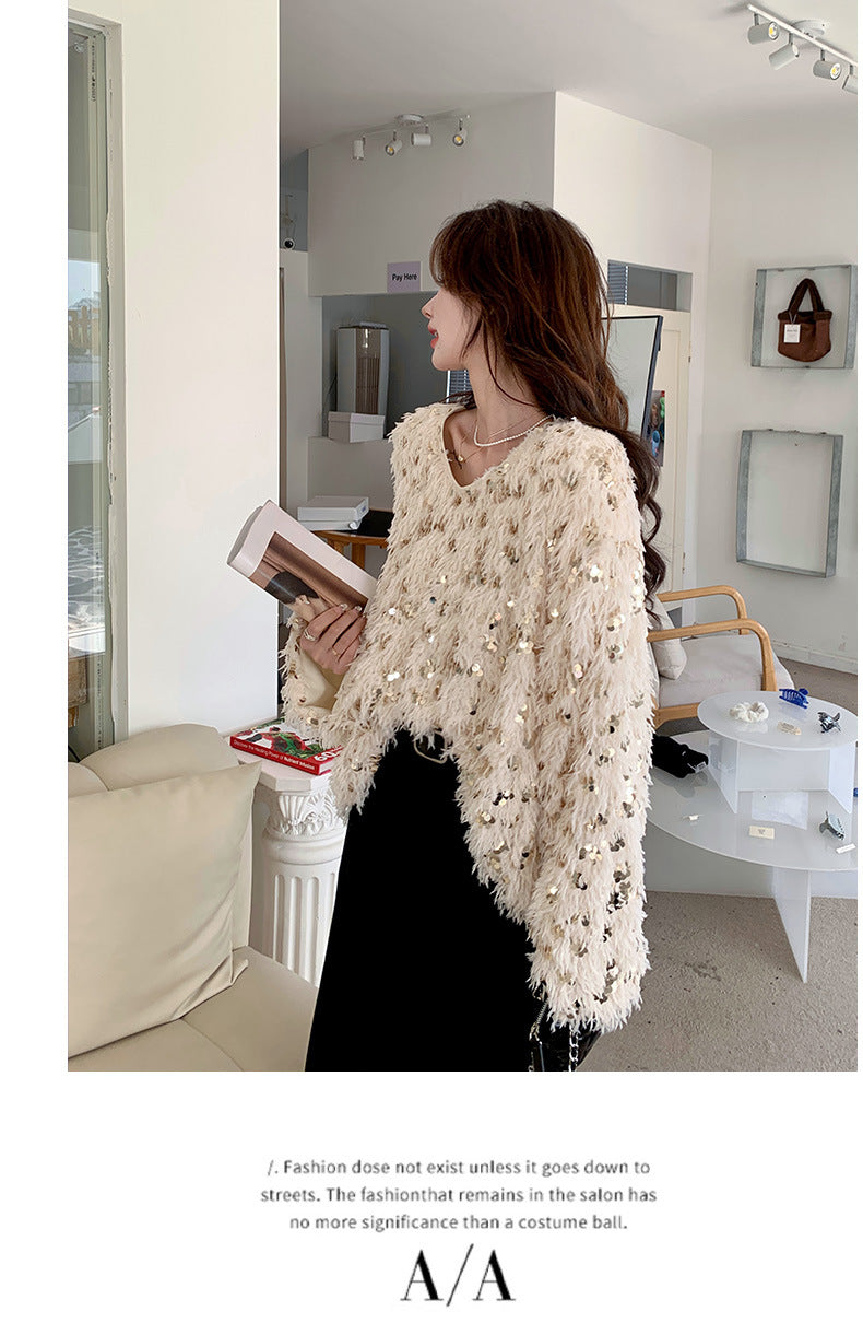Fashion women's wear Real Shot Shiny Annual Meeting Festival Atmosphere Handmade Sequined Feather V-neck Sweater Spring Inner Wear Sweet Dress