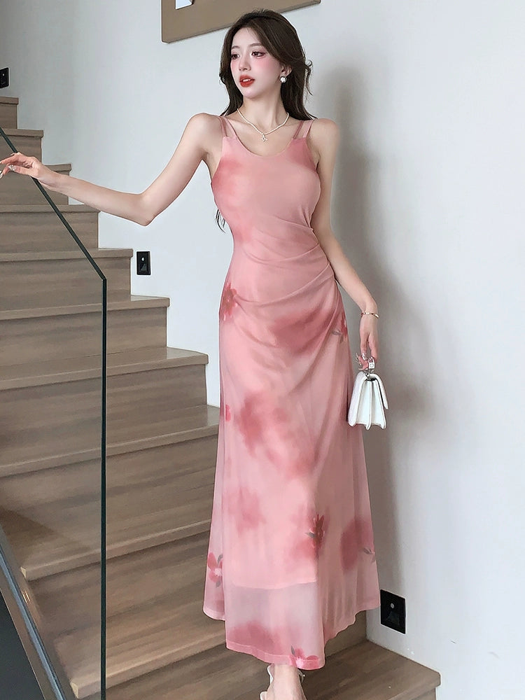 Fashion women's wear Gentle Pink Mori Dress Design Sleeveless Camisole Dress Women's Summer Fashion Tie-Dye A- line Dress