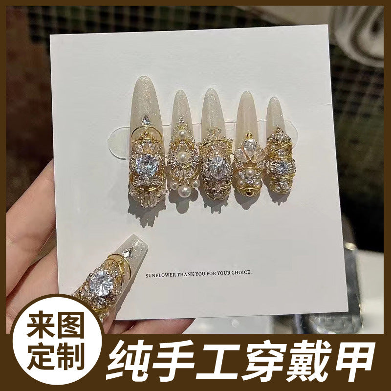 Hand-Made Nail Factory Straight Hair Luxury Ancient Greek Myth Flash Diamond Vintage Court Style Detachable Manicure