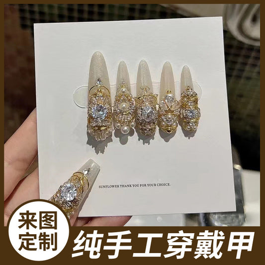 Hand-Made Nail Factory Straight Hair Luxury Ancient Greek Myth Flash Diamond Vintage Court Style Detachable Manicure