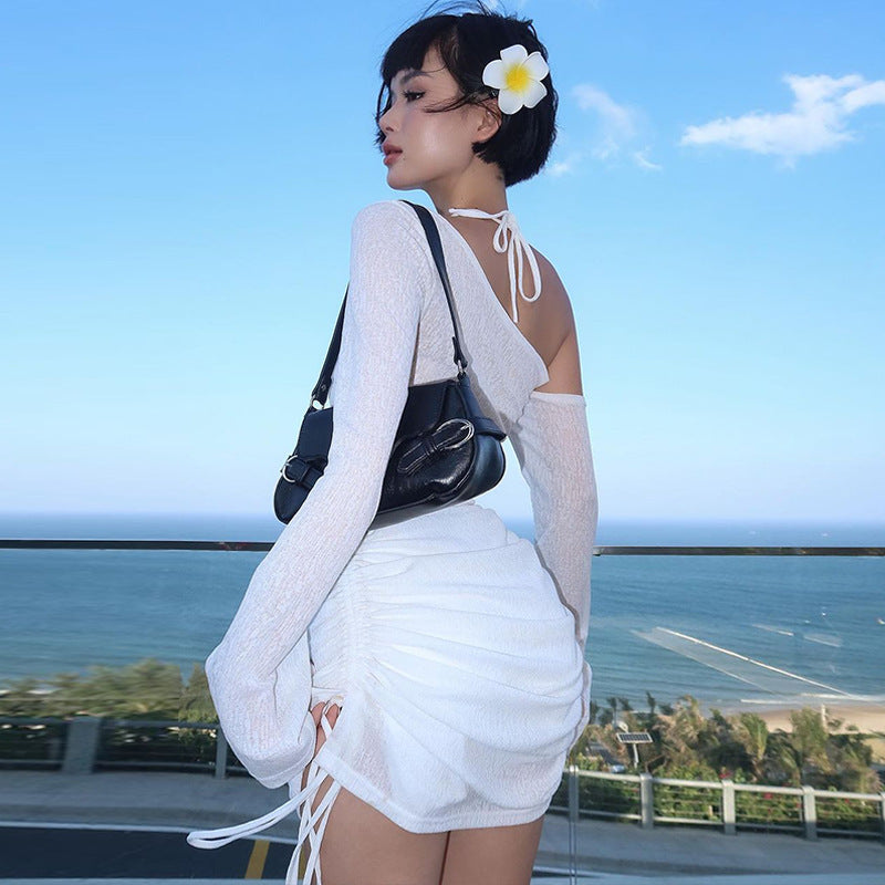 Fashion women's wear Autumn New Pure Hot Girl Style Shoulder Long Sleeve Sexy See-through Pleating Dress