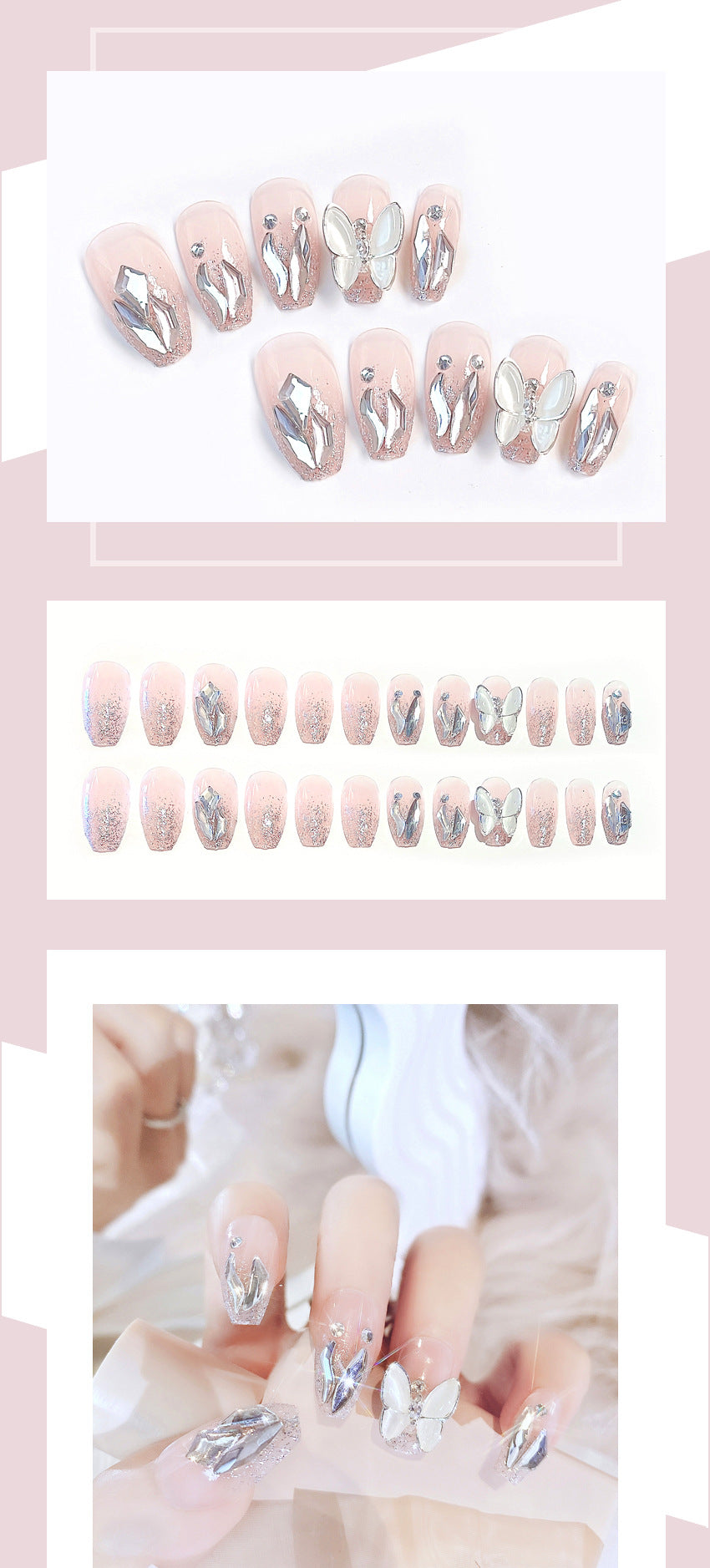 Fashion  nail Internet Celebrity Wear Nail Pure Desire Rhinestone Fake Nail Patch White Advanced Butterfly Nail Stickers Removable Finished Product X81