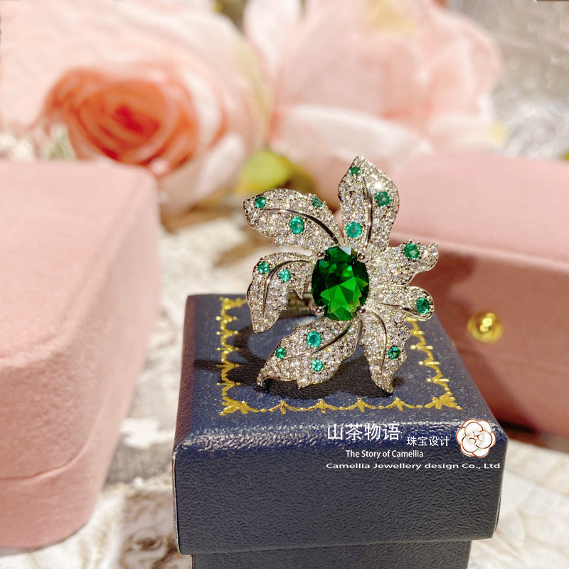 山茶重工奢华高级孔雀绿宝石戒指女 镀18K金璀璨满天星富贵花指环