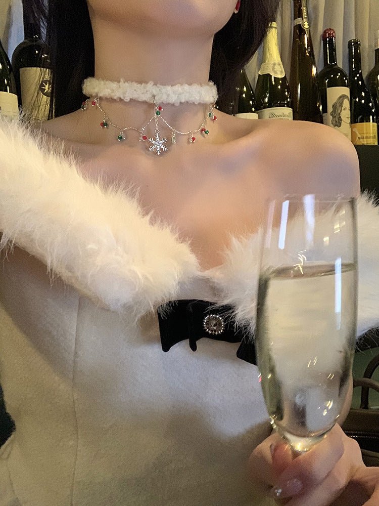 圣诞节双层雪花项链女毛绒choker颈链2023新款爆款锁骨链秋冬配饰