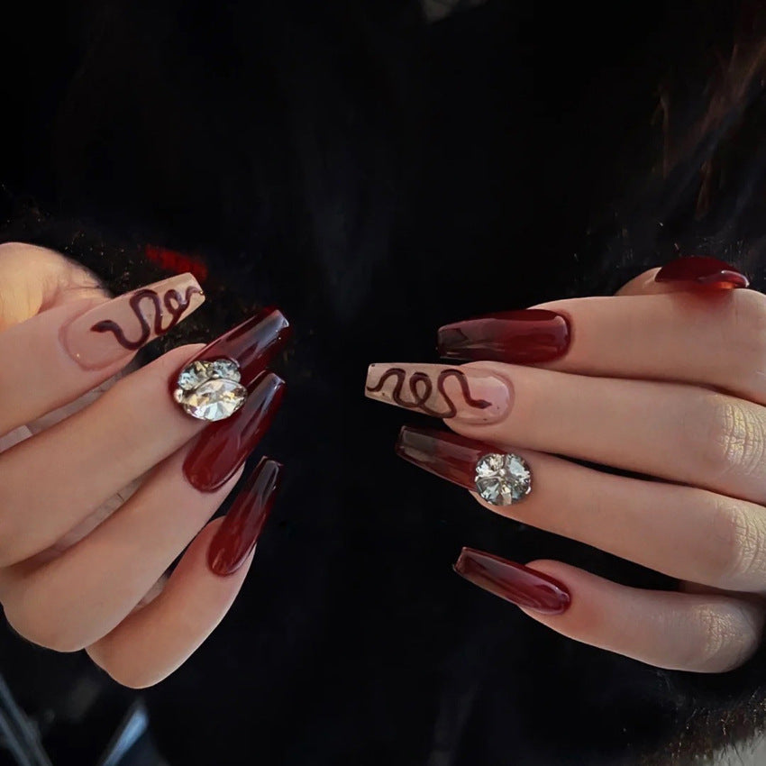 Fashion  nail Wearable Fake Nails Snake Diamond Manicure European and American Nail Nail Sticker Finished Detachable Nail Tip Patch Ballet Nail A49