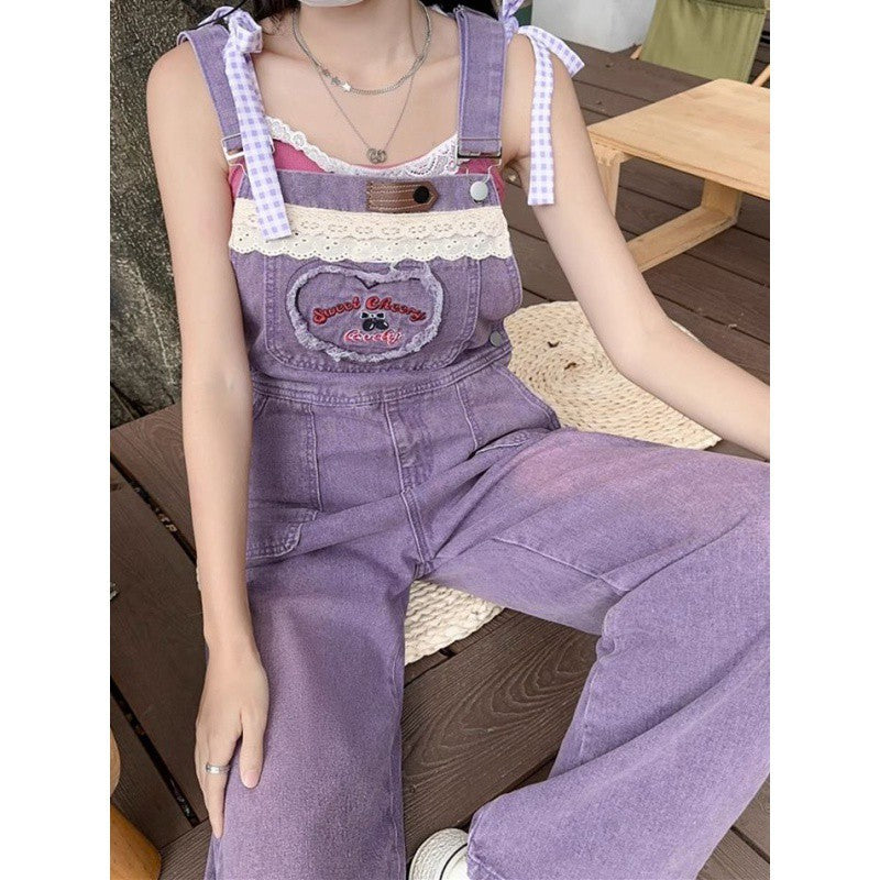 Dopamine pants Free shipping Tattoo Dopamine Denim Overalls Women's Autumn Korean Edition Loose and Cute Student Age Reduction Small Straight Jumpsuit