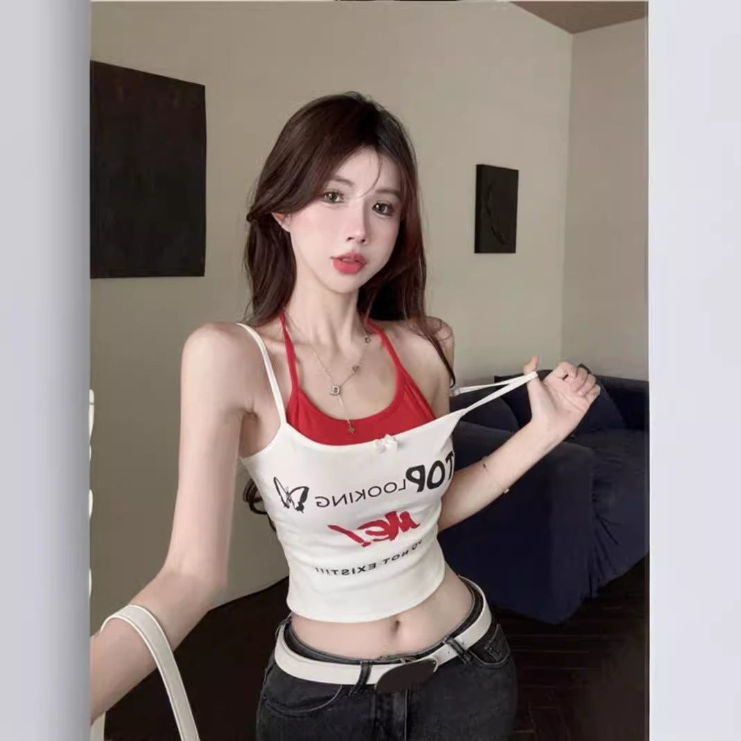 Dopamine tops Free shipping Tattoo Dopamine Wear American Women's Two-piece Suspender Vest Summer Wear Pure Desire Spice Girl Sexy Neck Tub Top
