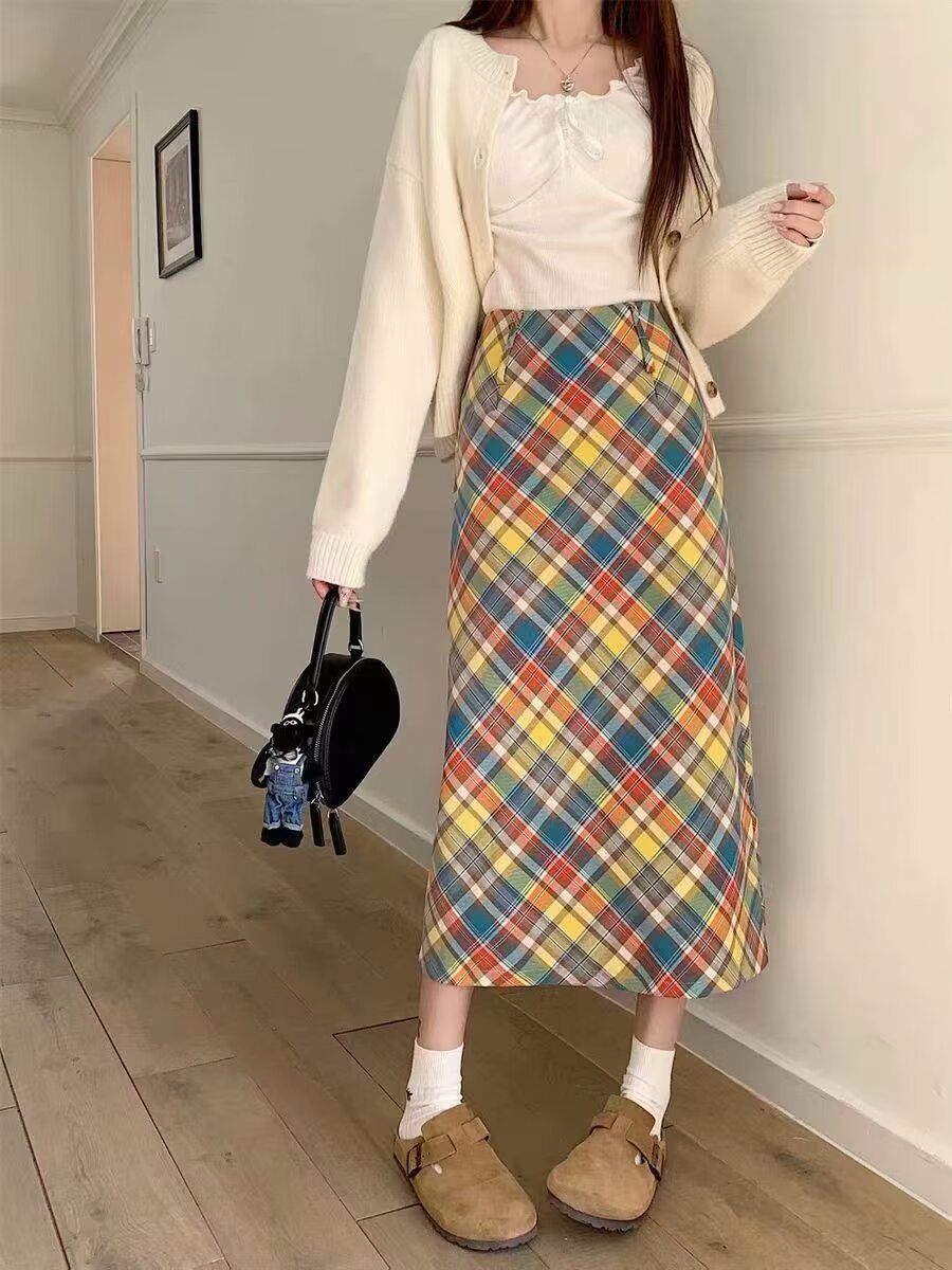 Dopamine dress Free shipping Tattoo Spring, autumn and winter American retro dopamine color skirt fat mm women's high waist and thin hip covering plaid hip wrap skirt