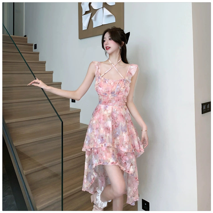Fashion women's wear Sexy Halter Strap Floral Dress Women's Summer Seaside Vacation Beach Fairy Dress Irregular Trailing Skirt
