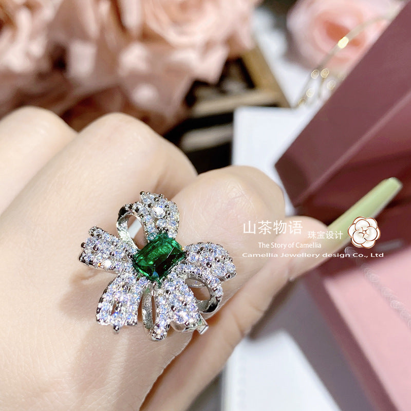 Camellia古风仙气设计蝴蝶结套装女镀金仿托帕浅海蓝戒指耳钉项链