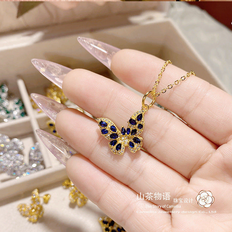 珠宝首饰山茶秋冬新品爆闪精致灵动小蝴蝶项坠 镀18K金轻奢宝蓝大蝴蝶耳饰