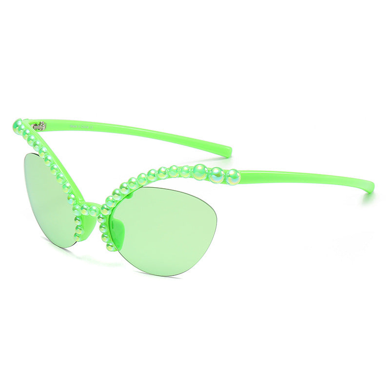 Women's fashion glasses 2023欧美异形框蜻蜓镶钻墨镜潮流水晶珍珠太阳眼镜户外防晒显瘦女