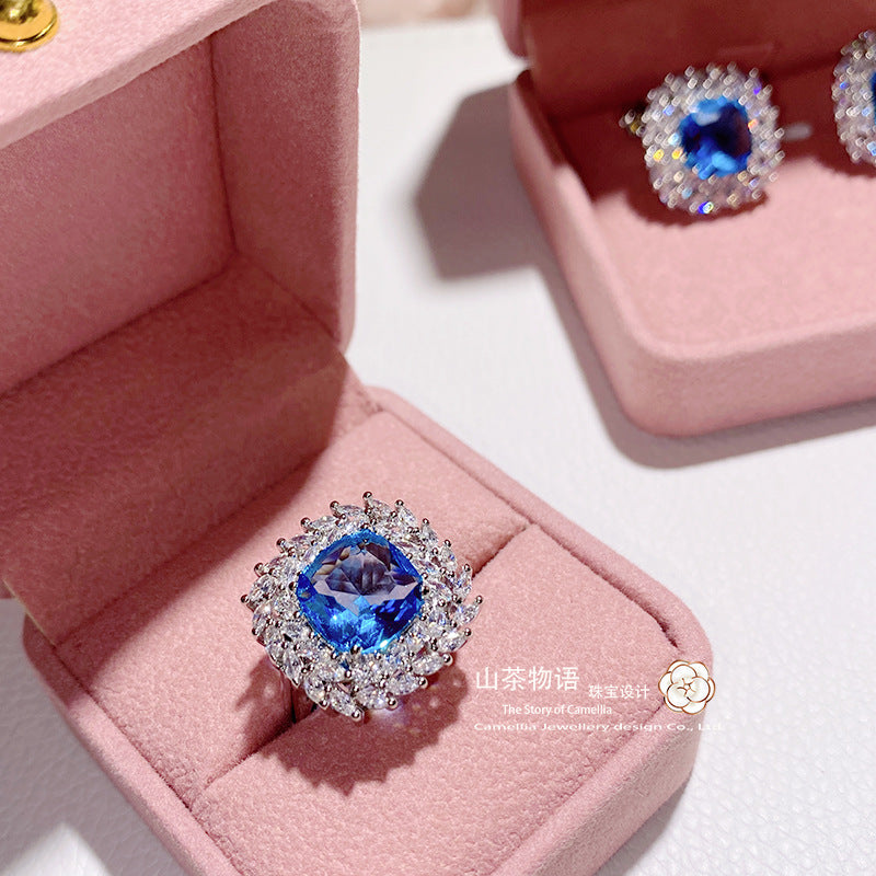 Camellia新款奢华彩宝套装 镶阿斯切金黄钻托帕蓝戒指耳钉吊坠女