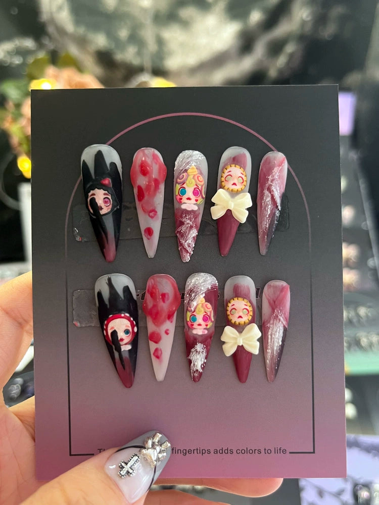 (Hand-made nail) red wearing armor long high-end sweet cool Japanese hot girl European and American handmade personality cyberpunk New Year's nail art