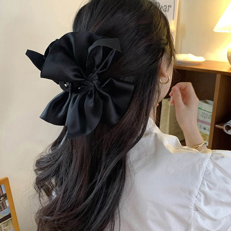 法式复古赫本风缎面蝴蝶结抓夹发夹气质后脑勺鲨鱼夹新款发饰批发