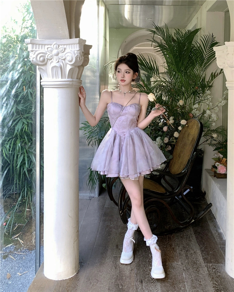 Fashion women's wear Tea Break French Style Fishbone Sling Dress Fairy Birthday Dinner Suit Disney Princess on the Run Bubble Skirt