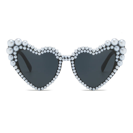 Women's fashion glasses 2023跨境大框架歪心欧美镶珍珠太阳镜桃心爱心女士墨镜防紫外线