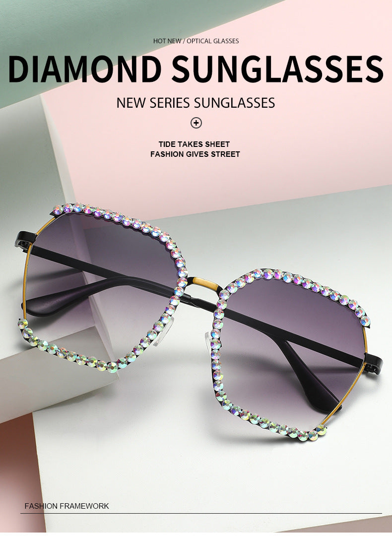 Women's fashion glasses 跨境新欧美镶钻大框太阳镜女高级感复古茶色墨镜显瘦韩版防晒眼镜