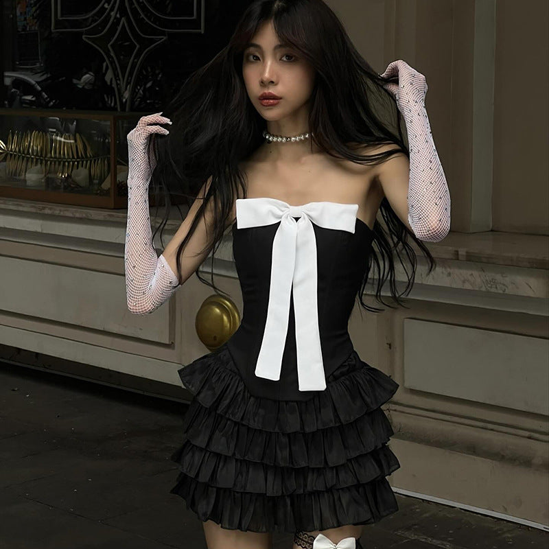 Fashion women's wear Q23tp722  Hot Girl Contrast Color Bow Three-Dimensional Decoration Fishbone Tube Top Women's All-Match Date New